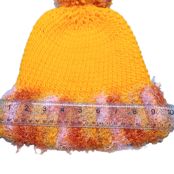HANDMADE Beanie Yellow & Multicolor Faux Fur Crocheted Winter Hat with Pom Pom - Picture 3 of 5